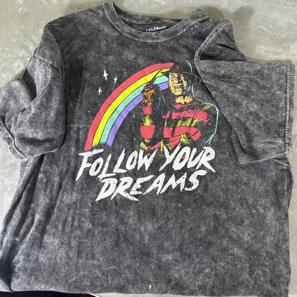 Follow Your Dreams Freddy Krueger T Shirt Black Acid Wash XL Mens A Nightmare